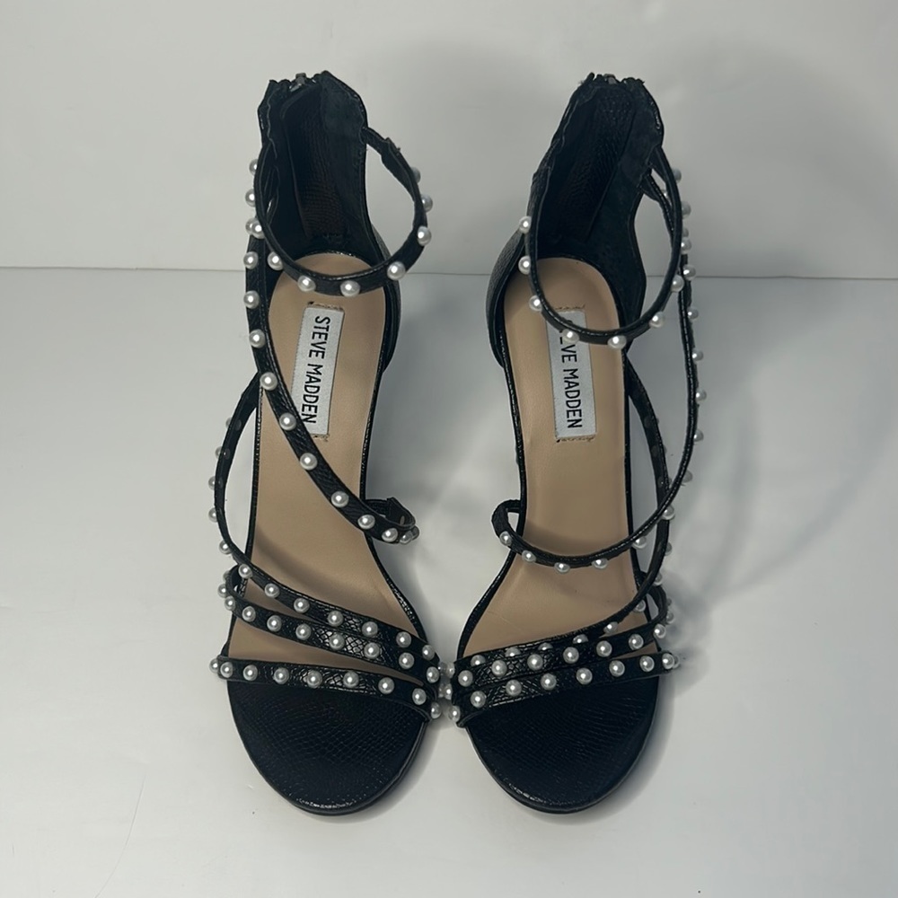 Steve Madden Meg 4" Heels Snake Pearl Ankle Strap Black 7M PU Upper